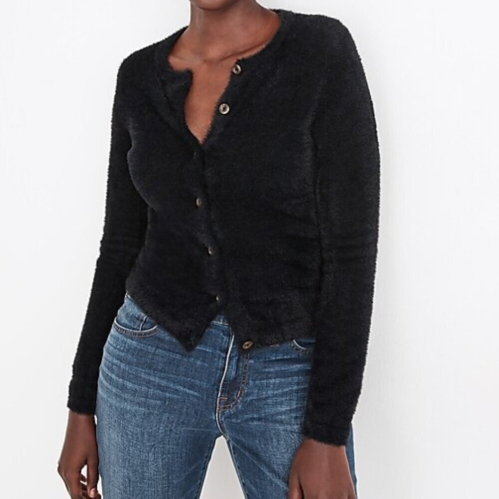 Madewell Black Fuzzy Textured Button Front Cardig… - image 1